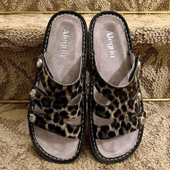 EUC Women's Alegria Dinah Black Gray Leopard Cheetah Print Sandals 40 9.5 - 10 - Picture 4 of 6